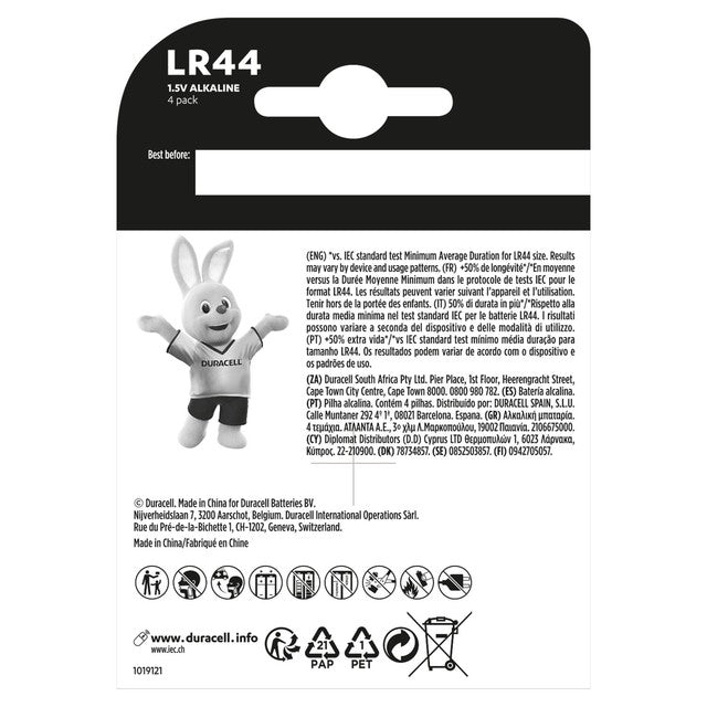 Duracell LR44 alkaline coin battery - British product