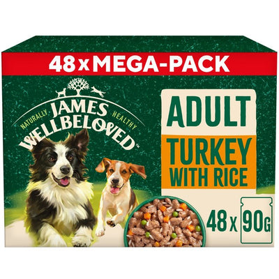 M&S James Wellbeloved Adult Wet Dog Food Turkey & Rice Mega Pack Pouch 48x90g- Buy online at McGrocer