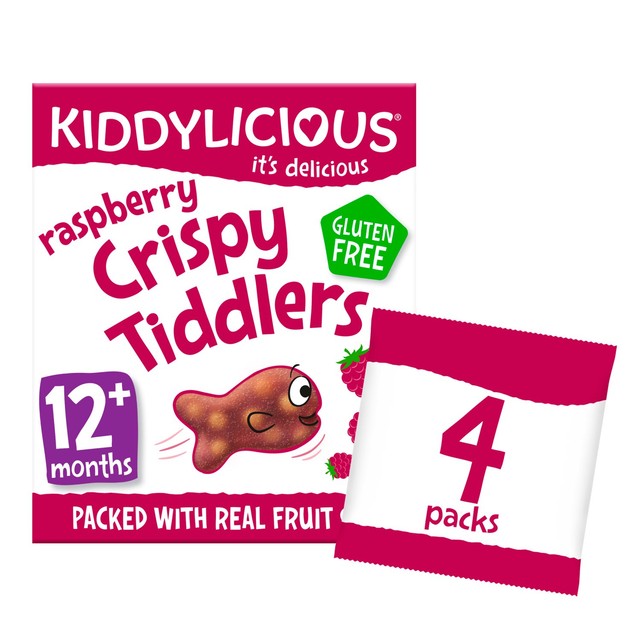 Kiddylicious Raspberry Crispy Tiddlers toddler snack 4 x 12g, UK version