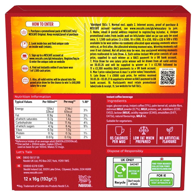 Nescafe Original 3in1 instant coffee mix 12 x 16g, imported from the UK