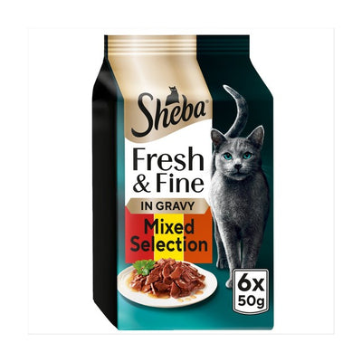 M&S Sheba Fresh & Fine Wet Cat Food Pouches with Beef, Chicken & Lamb 6 x 50g- Buy online at McGrocer