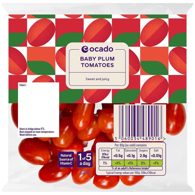 Ocado baby plum tomatoes 300g, imported from the UK