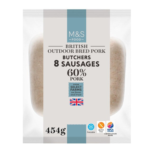 M&S Butchers pork sausages 8 pack 454g, imported from the UK