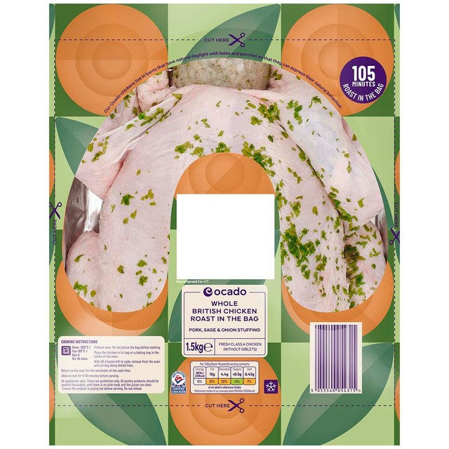 Ocado whole chicken with pork, sage and onion stuffing 1.5kg, imported from the UK