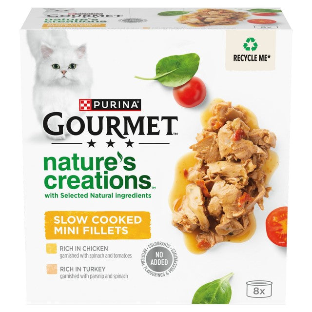 Gourmet wet cat food can with poultry and vegetables for adult cats, UK version