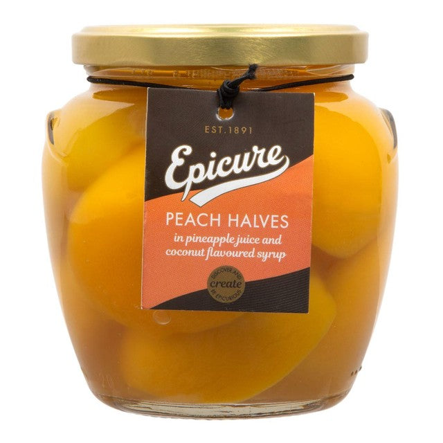 Epicure peach halves in Pineapple & Coconut Syrup 550g - British product