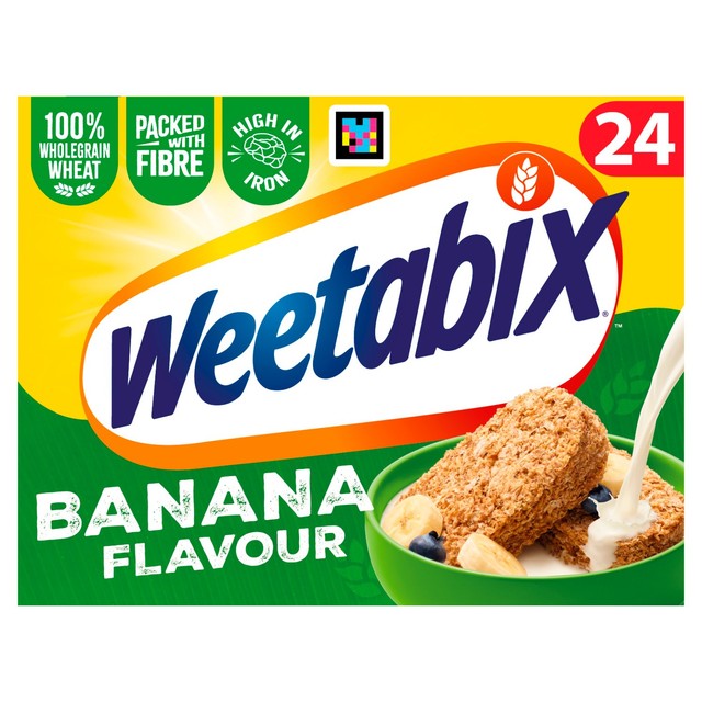 Weetabix banana flavour wholegrain wheat cereal biscuits (British brand)