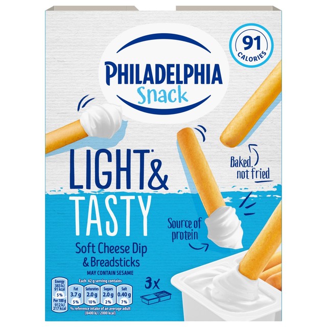 Philadelphia Light cheese dip with breadsticks 3 x 42g, imported from the UK