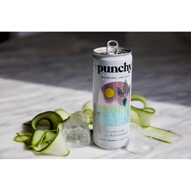 Punchy cucumber yuzu rosemary sparkling drink can (British brand)