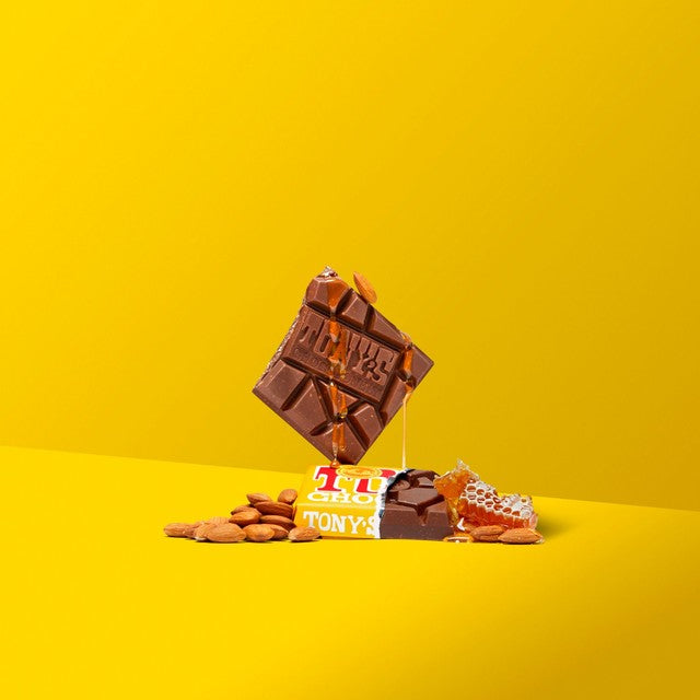 Tony's Chocolonely milk chocolate bar with almond honey nougat 180g (British brand)