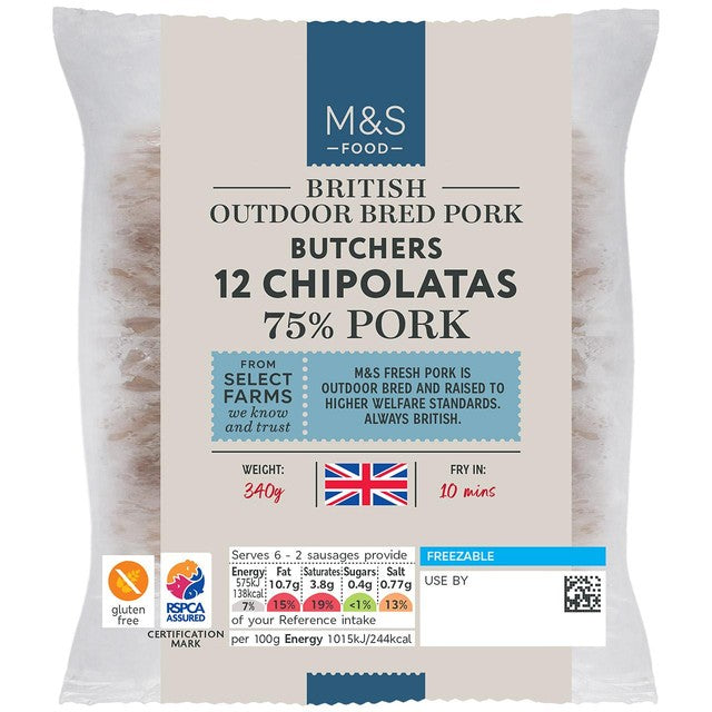M&S pork chipolata sausages 340g, imported from the UK
