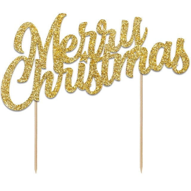 Anniversary House Gold Glitter Merry Christmas cake topper 18x15cm, UK version