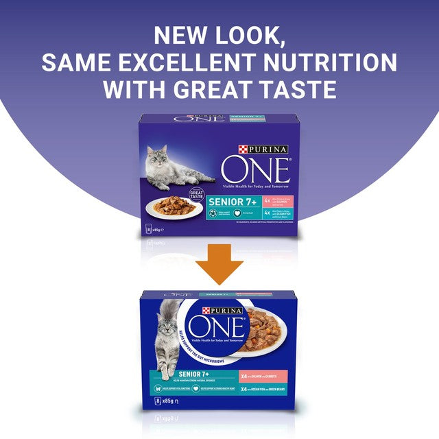 Purina One senior cat food mini fillets with salmon and ocean fish 8x85g pouches, imported from the UK