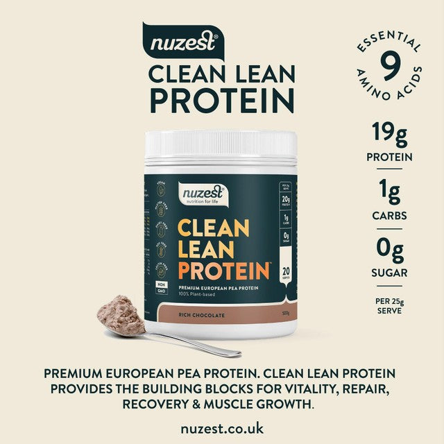Nuzest rich chocolate flavoured plant-based protein powder, imported from the UK