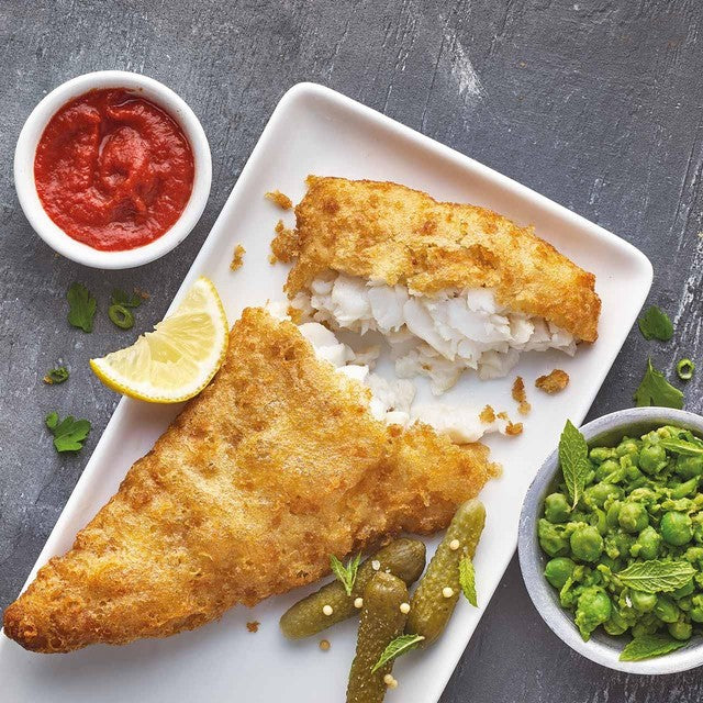 M&S battered cod fillets frozen 500g, imported from the UK