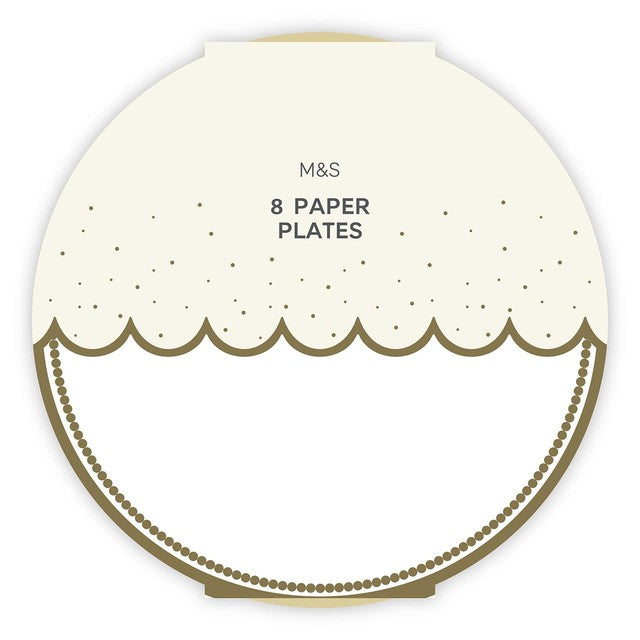 M&S white paper plates with gold trim, 23cm diameter, imported from the UK