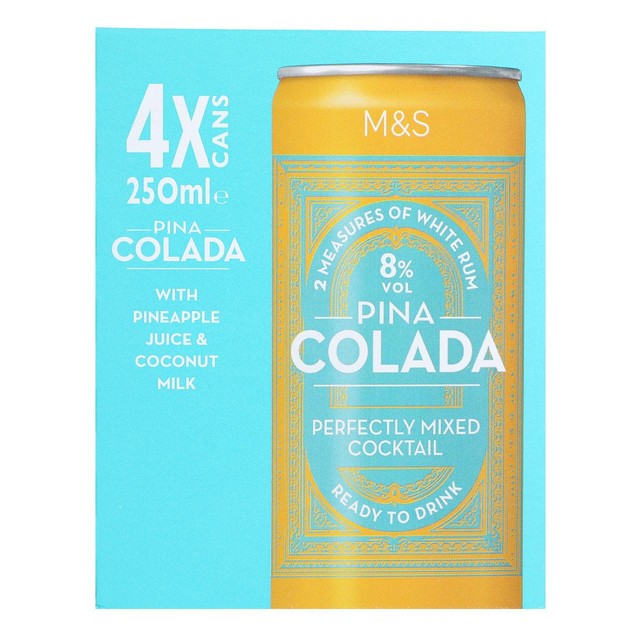 M&S Pina Colada ready-to-drink cocktail cans 4 x 250ml, imported from the UK