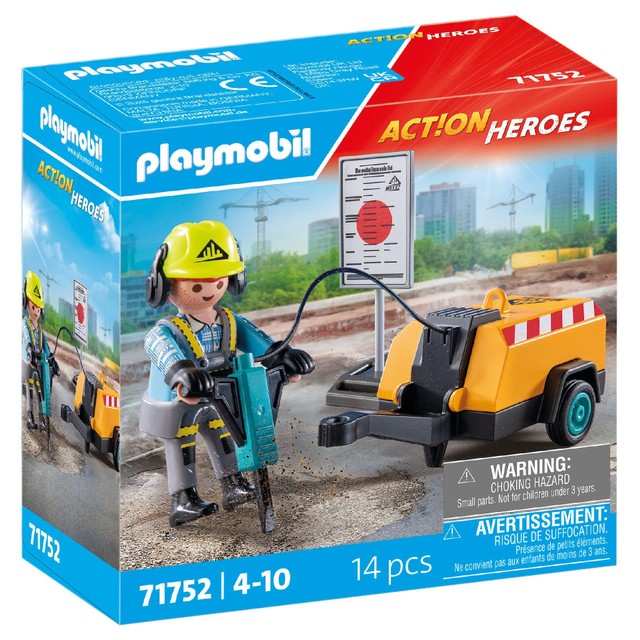 Playmobil construction worker with pneumatic drill toy, imported from the UK