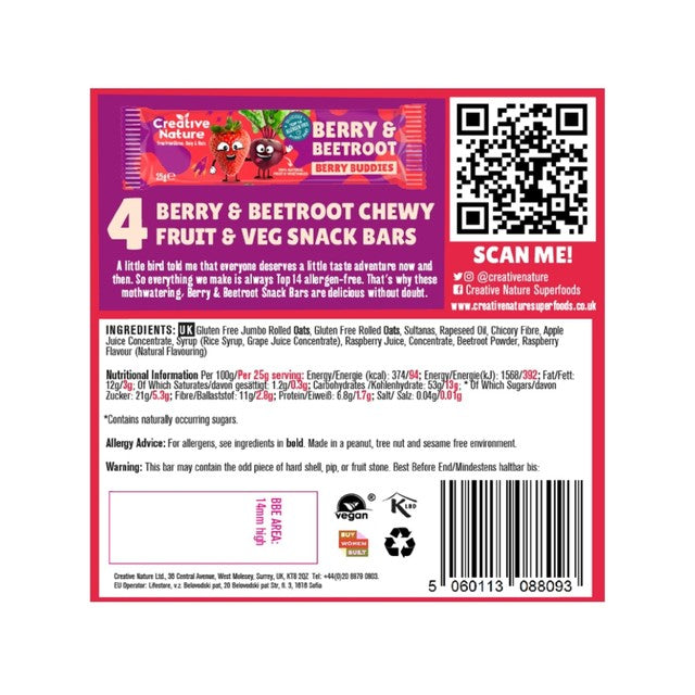 Creative Nature berry and beetroot snack bars multipack 4x25g - British product