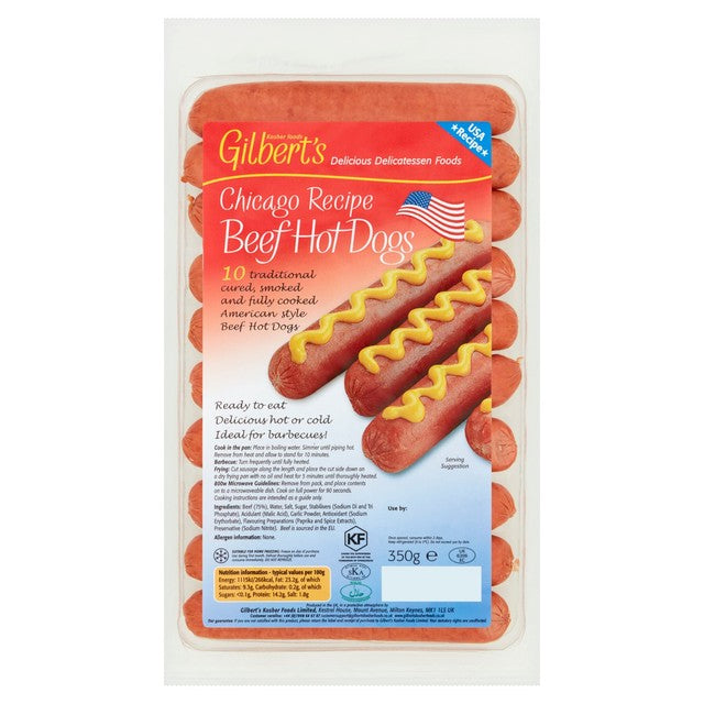 Gilbert's American style beef hot dogs 350g, UK version