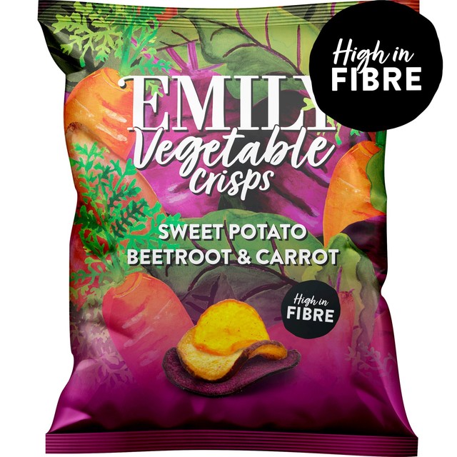 Emily Veg Crisps Rainbow Roots Sweet Potato, Carrot & Beetroot vegetable crisps 30g - British product