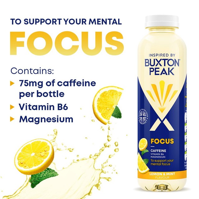 Buxton Peak Focus lemon mint vitamin water with caffeine (British brand)