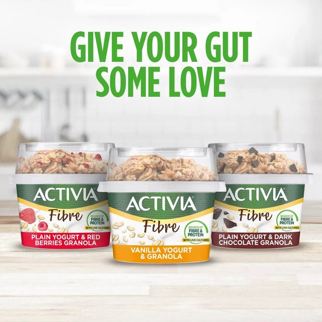 Activia Fibre yogurt dark chocolate granola pot with spoon, imported from the UK
