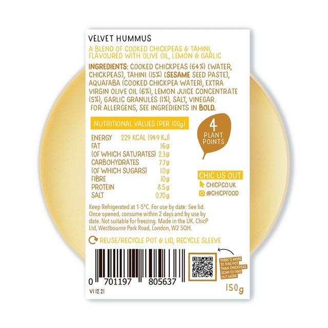ChicP Velvet Hummus spread 150g - British product