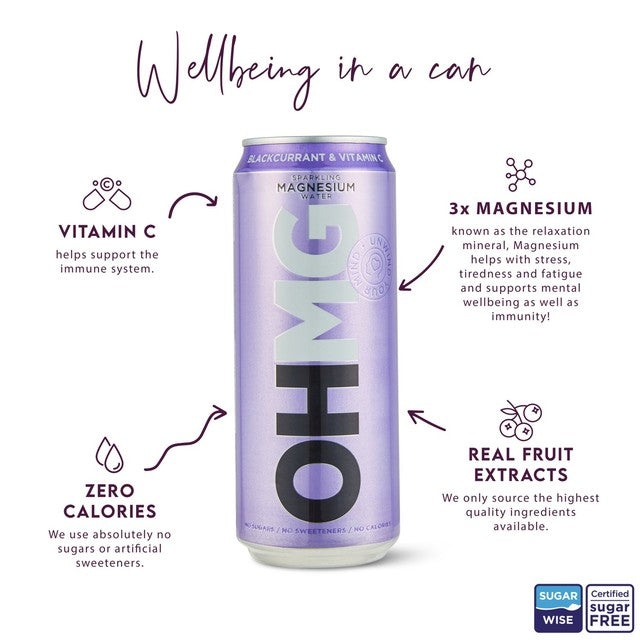 OHMG Blackcurrant Sparkling Magnesium Water 4 x 330ml, imported from the UK