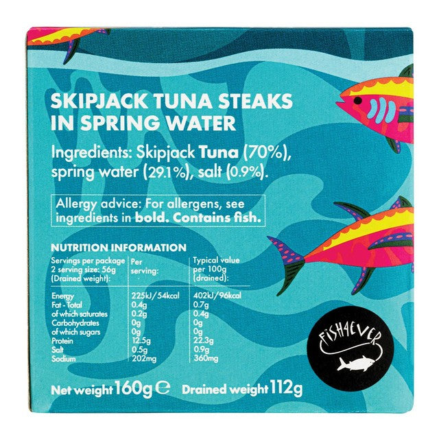 Fish 4 Ever skipjack tuna steaks in spring water 160g - British product