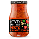 Loyd Grossman sun-dried tomato red pesto jar, imported from the UK