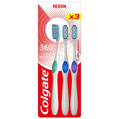 M&S Colgate 360 Max White Medium Manuell tannbørste 3-pakning - Kjøp online på McGrocer