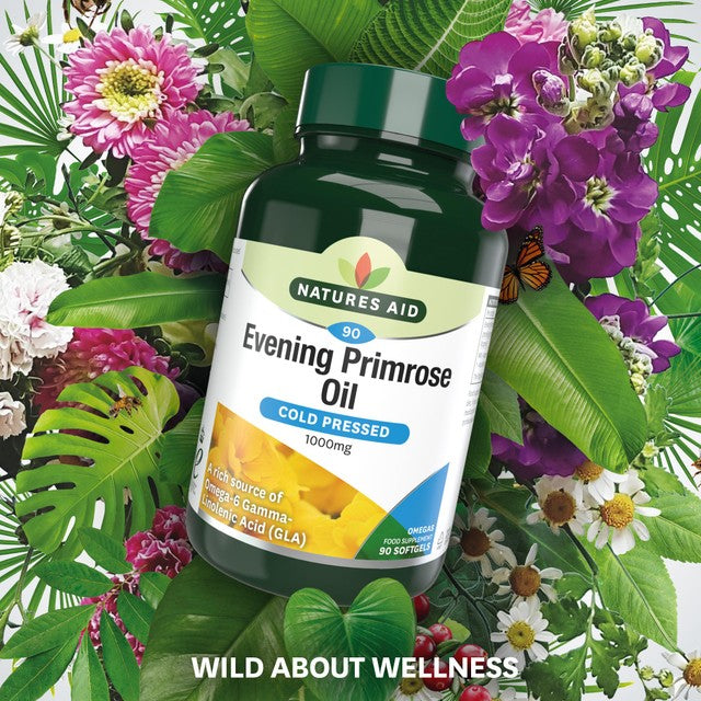 Natures Aid Evening Primrose Oil soft gel capsules 90 count, imported from the UK