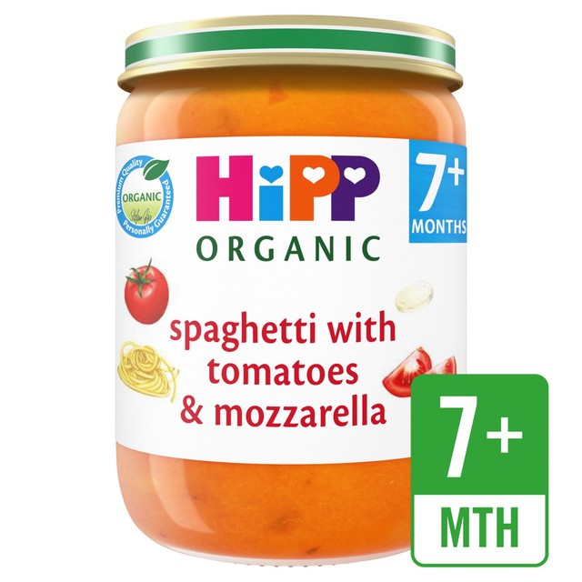 HiPP Organic spaghetti with tomatoes and mozzarella baby food jar 190g, UK version