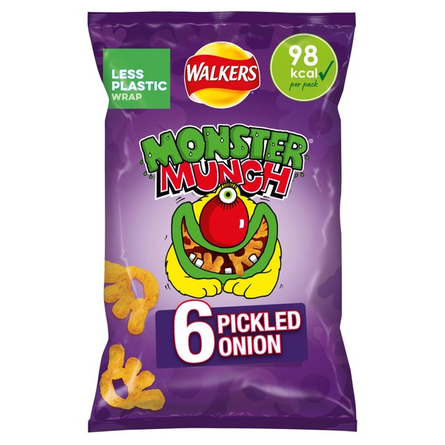 Monster Munch Pickled Onion Baked Corn Snacks 6x20g, imported from the UK