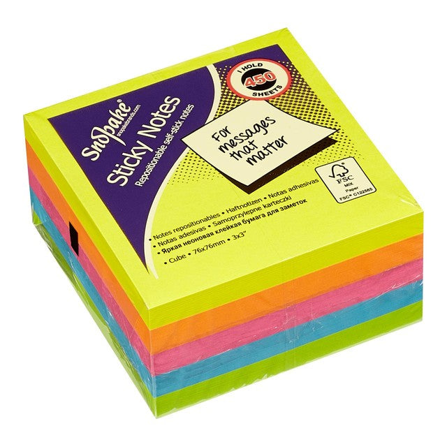 Snopake neon sticky note cube 450 sheets (British brand)