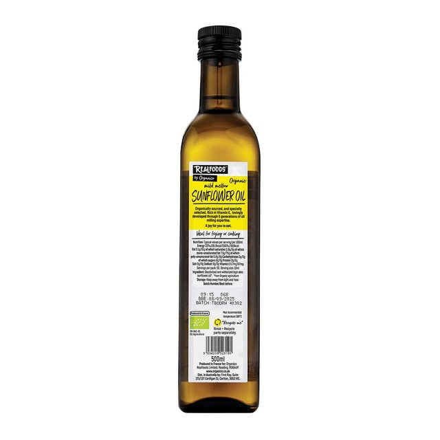 Realfoods organic sunflower oil 500ml, imported from the UK