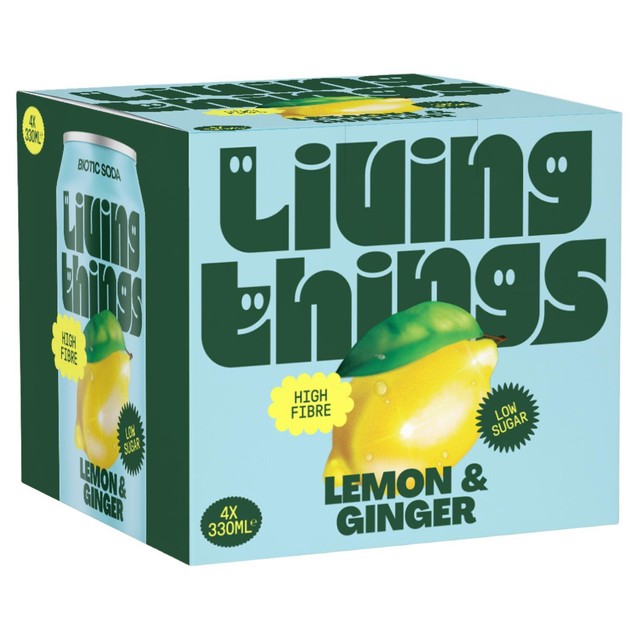 Living Things Lemon & Ginger Biotic Soda 4 x 330ml, UK version