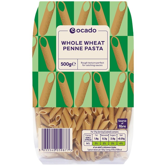Ocado whole wheat penne pasta 500g, imported from the UK