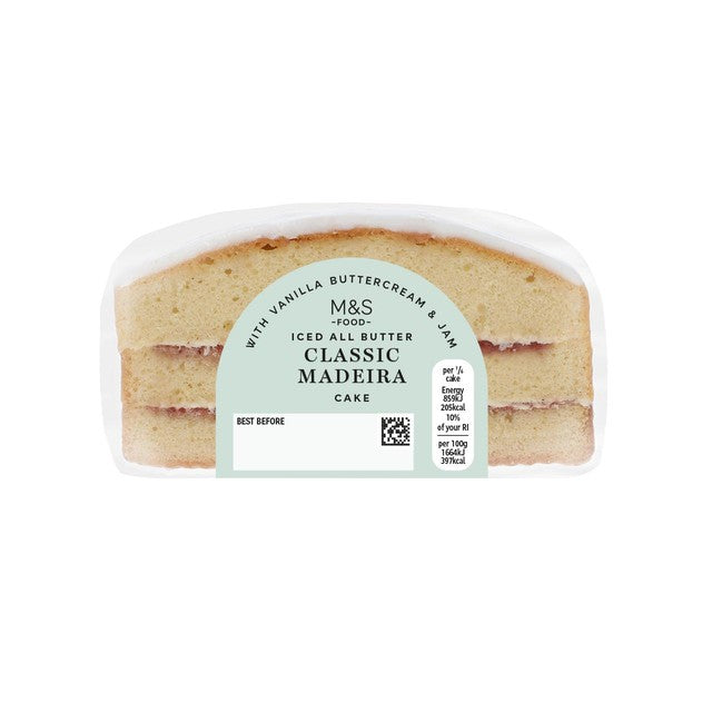 M&S Iced Madeira Cake with vanilla buttercream and raspberry jam 310g, imported from the UK