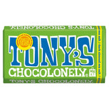 Tony's Chocolonely dark chocolate bar with almond and sea salt, small snack - British product