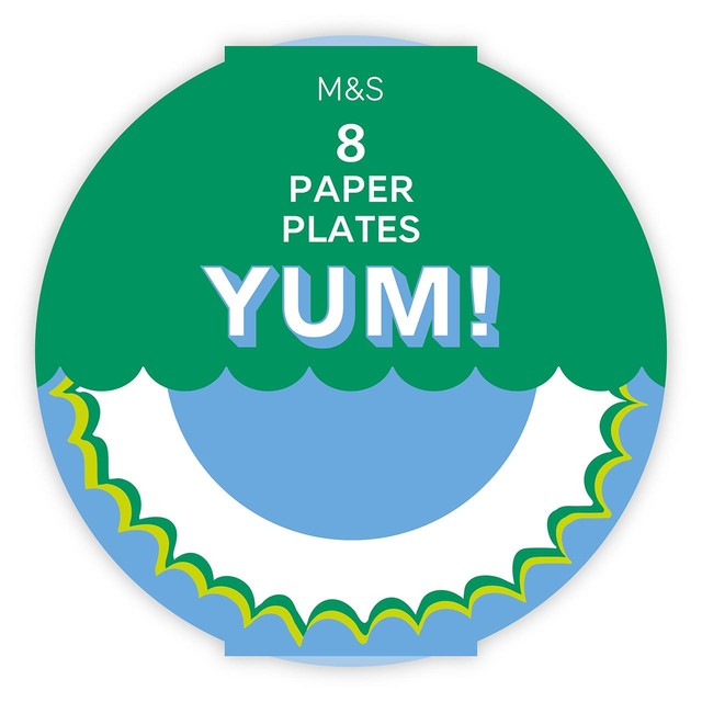 M&S blue paper plates 8 pack 23cm diameter, imported from the UK