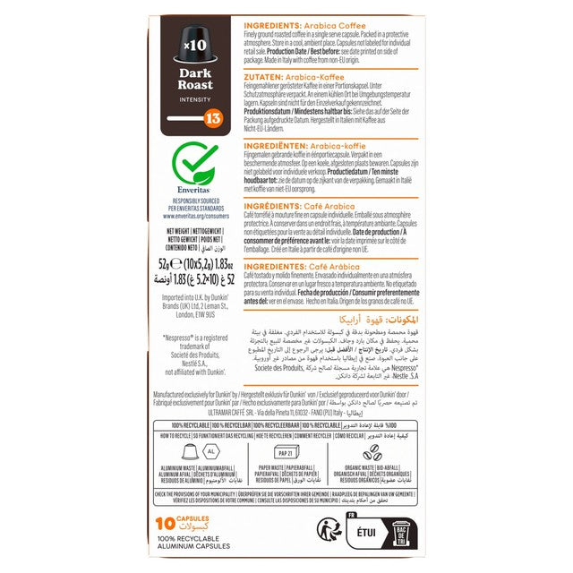 Dunkin Dark Roast Nespresso compatible coffee pods, imported from the UK