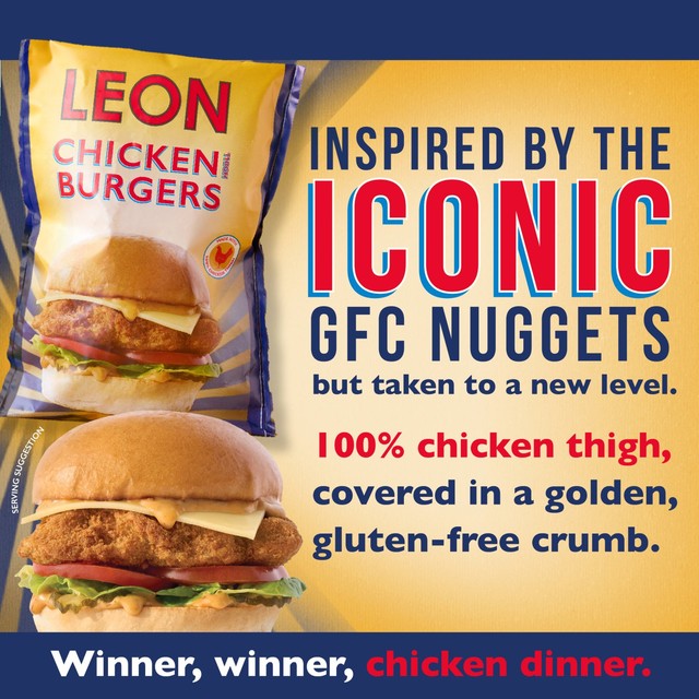 Leon gluten-free chicken thigh burgers 460g, UK version