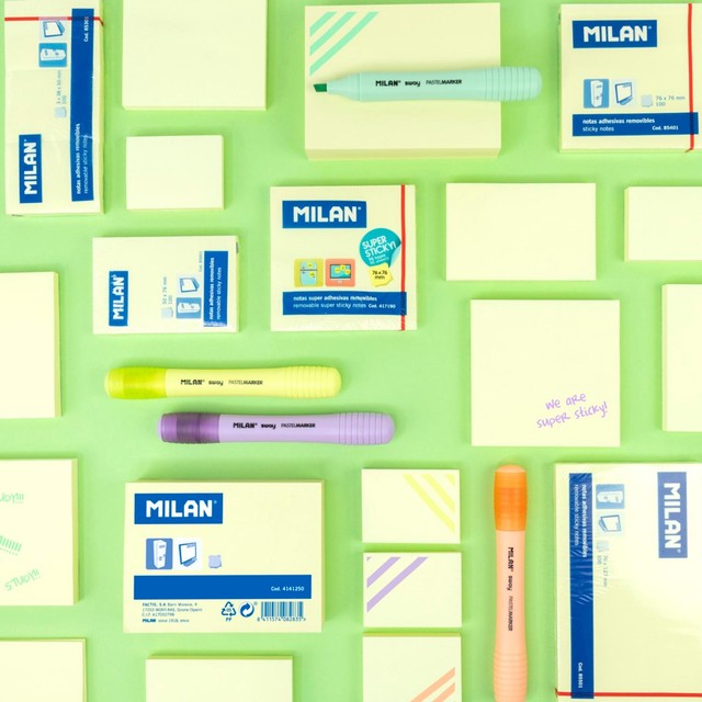 Milan sticky notes pad with 100 light yellow sheets, 76x76mm, imported from the UK
