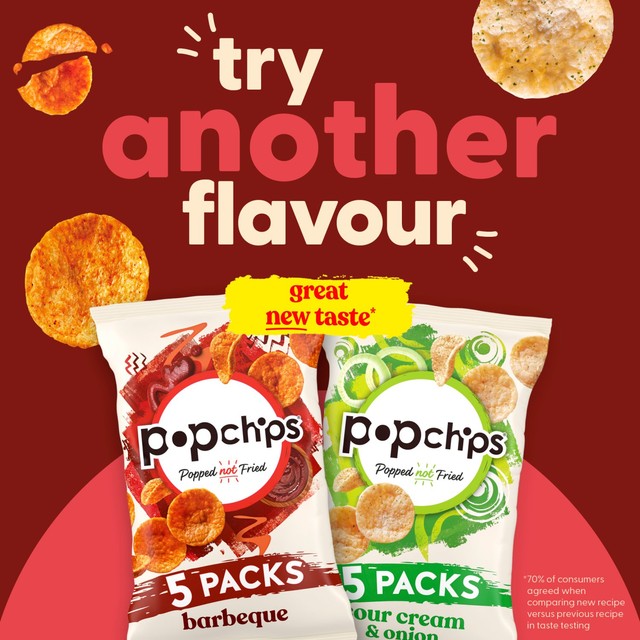Popchips Sour Cream & Onion crisps 5-pack, imported from the UK