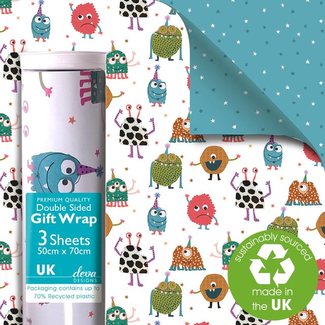 Deva Designs Monsters double-sided gift wrap sheets 3 sheets 50cm x 70cm, imported from the UK
