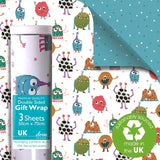 Deva Designs Monsters double-sided gift wrap sheets 3 sheets 50cm x 70cm, imported from the UK