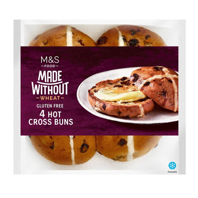 M&S gluten-free hot cross buns 4 per pack, imported from the UK