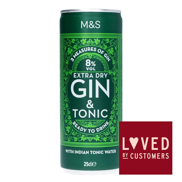 M&S extra dry gin and tonic 25cl, imported from the UK